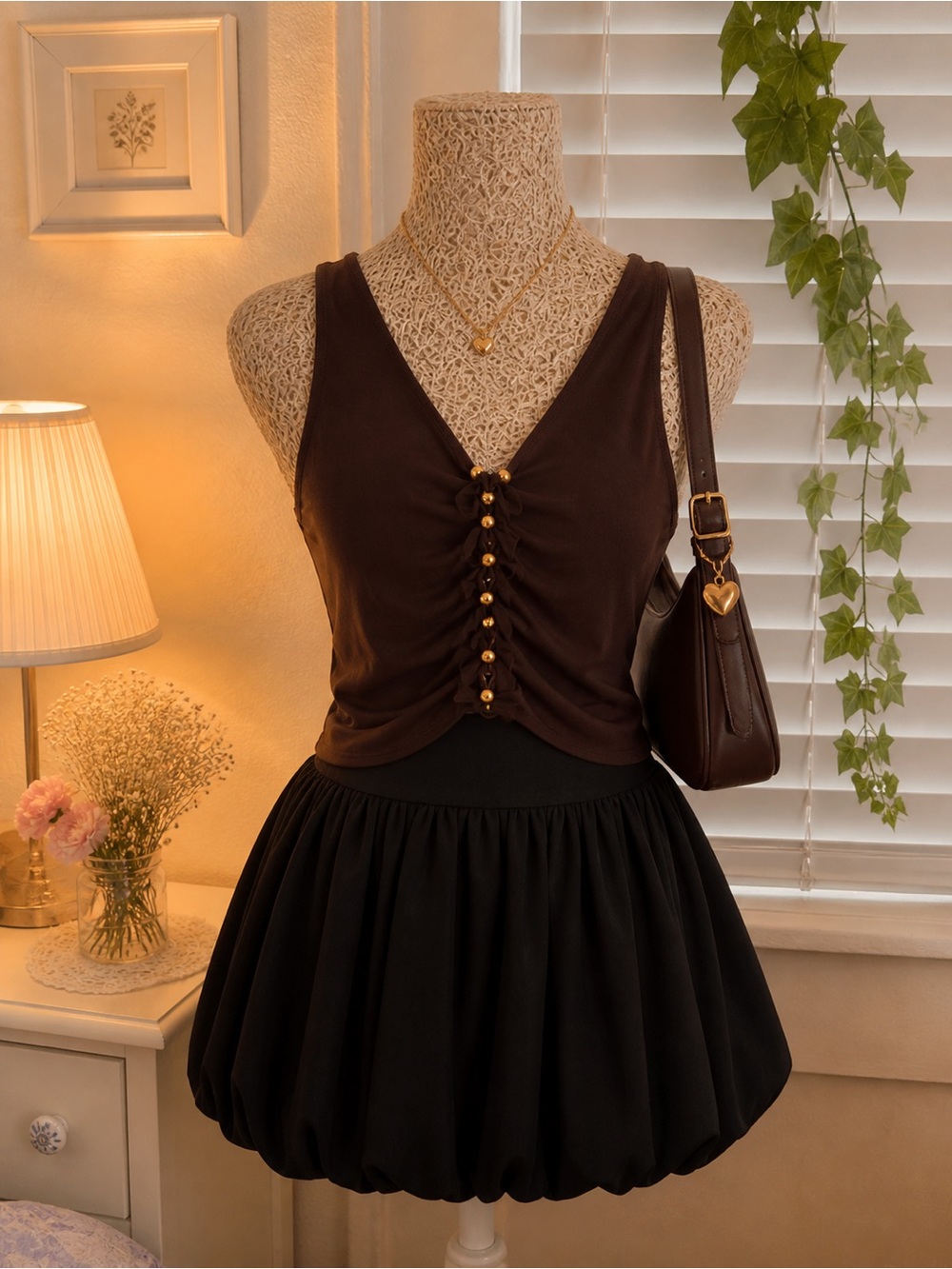 Chocolate Brown Ruched Tank Top with Button Detail